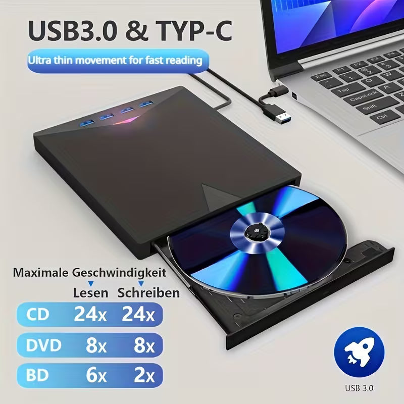 Lecteur et graveur CD/DVD portable - Clé USB C externe avec lecteur de carte SD