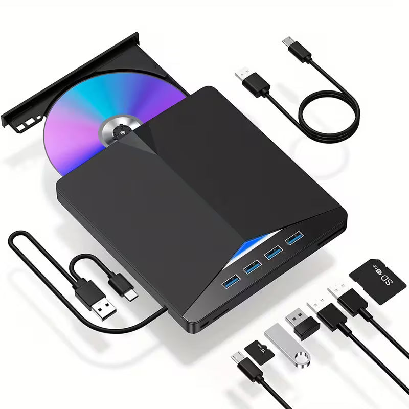 Lecteur et graveur CD/DVD portable - Clé USB C externe avec lecteur de carte SD