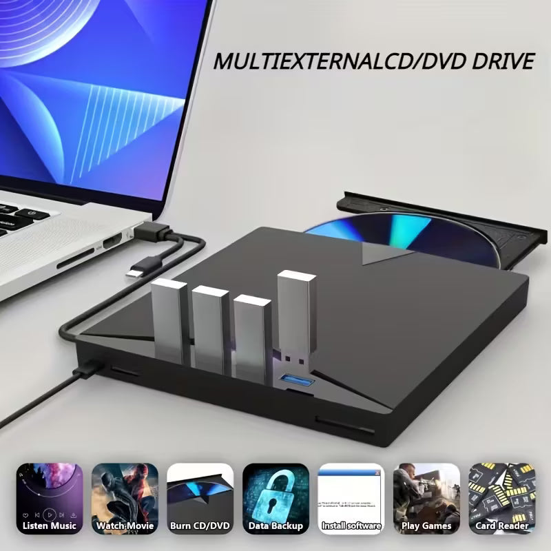 Lecteur et graveur CD/DVD portable - Clé USB C externe avec lecteur de carte SD