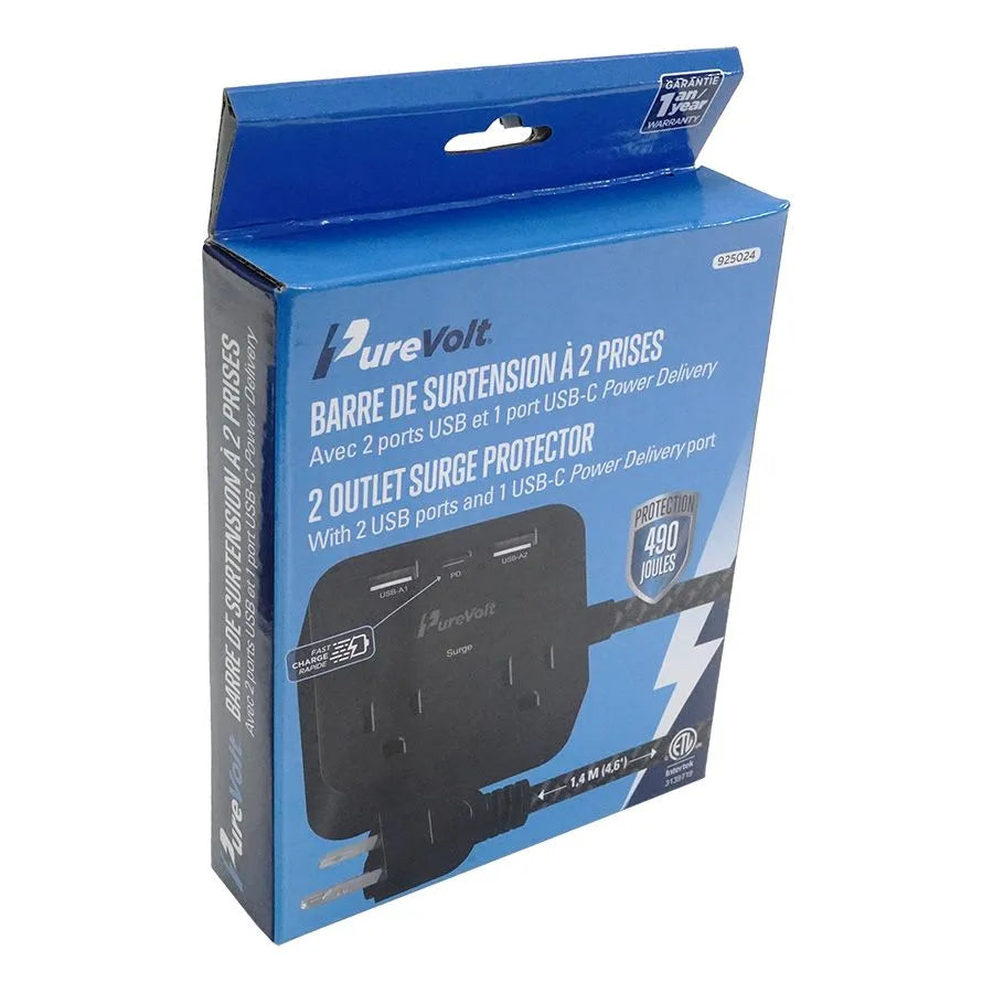 Barre de surtension de 1.4m à 2 prises, 2 USB et 1 USB-C