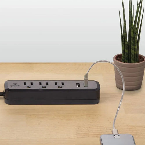 Barre de surtension GLOBE avec 3 prises et 2 prises USB - 900J - 15A - Noir - 1,8 m