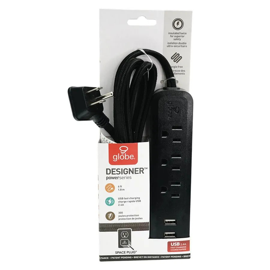 Barre de surtension GLOBE avec 3 prises et 2 prises USB - 900J - 15A - Noir - 1,8 m