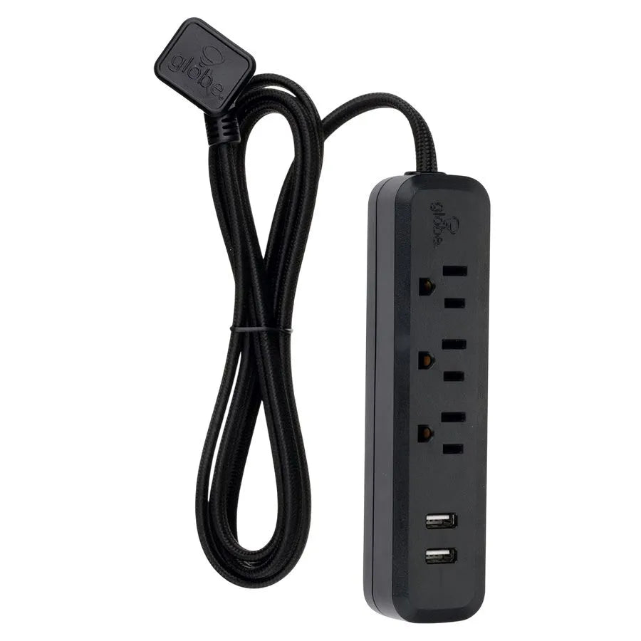 Barre de surtension GLOBE avec 3 prises et 2 prises USB - 900J - 15A - Noir - 1,8 m