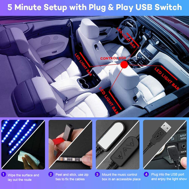 Bande lumineuse RVB pour voiture avec télécommande et contrôle APP 48 LED